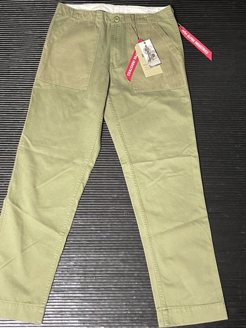 Alpha Industries Olive Green Workwear Pants with Red Ribbon Tag
